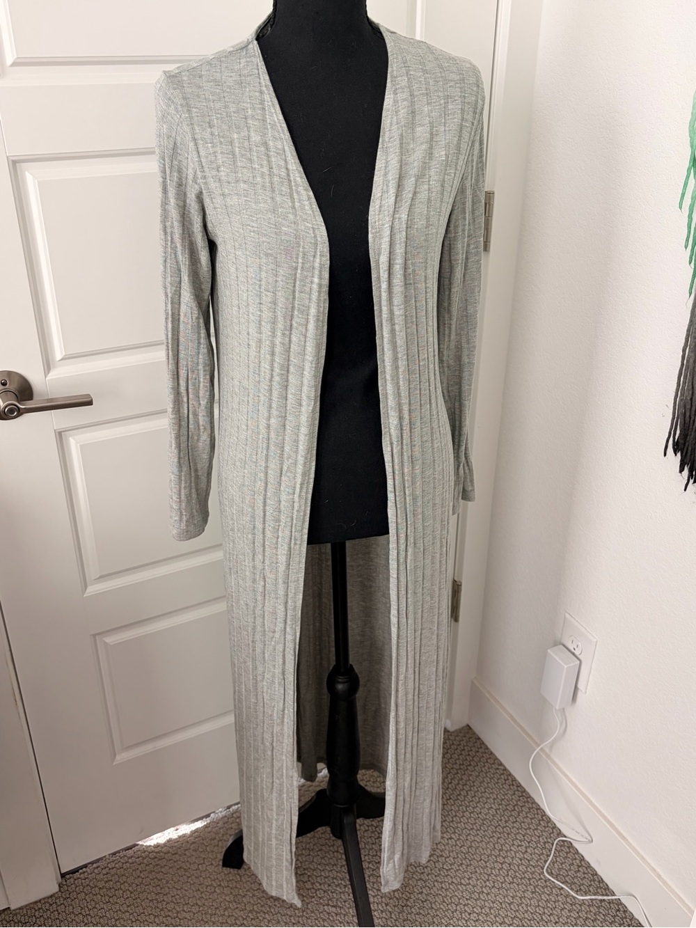 Long Open-Front Ribbed Cardigan